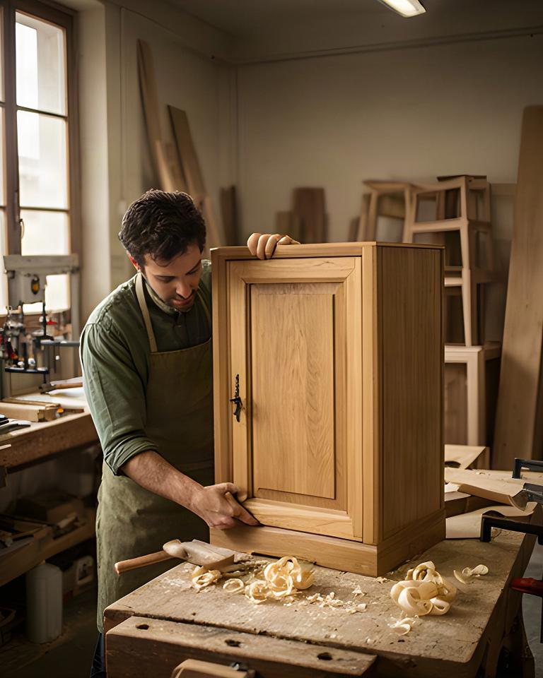 Falegname al lavoro su un mobile in rovere nel laboratorio artigianale di Fano
