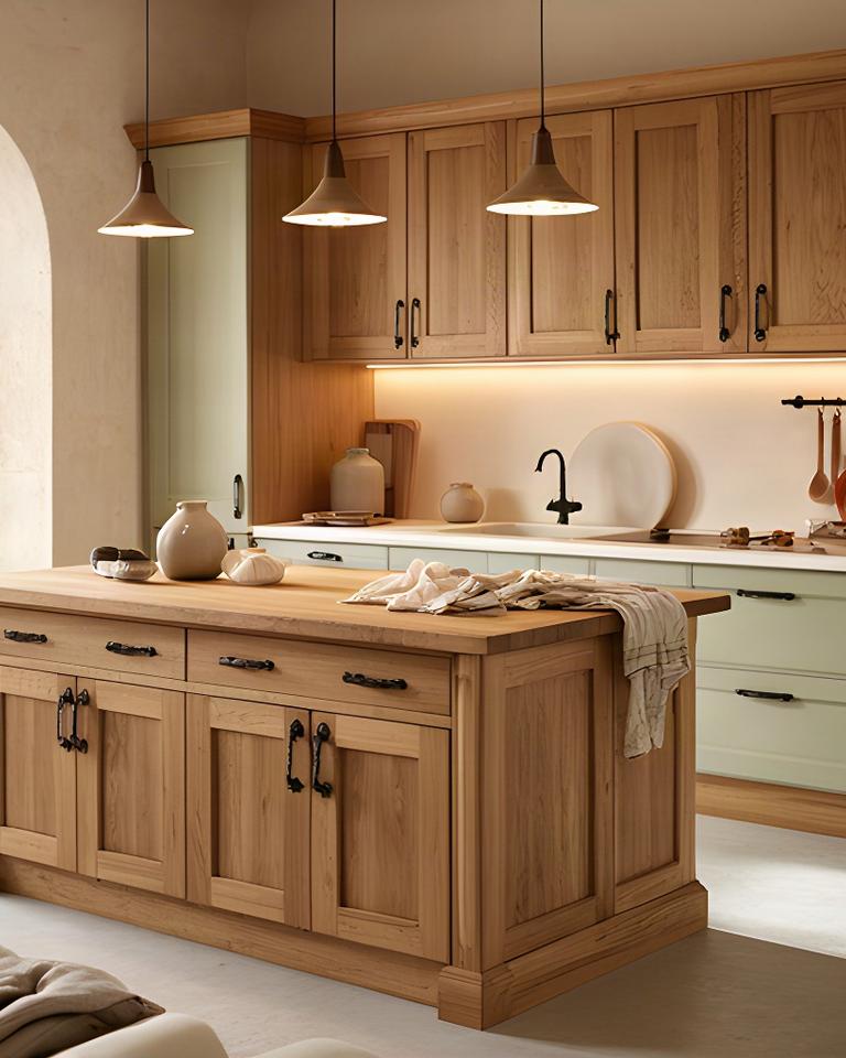 Cucina su misura in rovere naturale con isola centrale e maniglie in ferro battuto