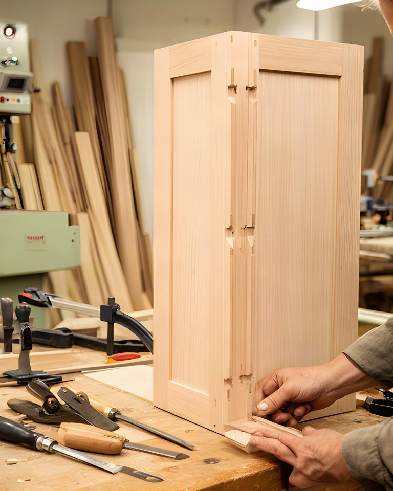 Mobile su misura in legno chiaro assemblato nel laboratorio di falegnameria prima della finitura