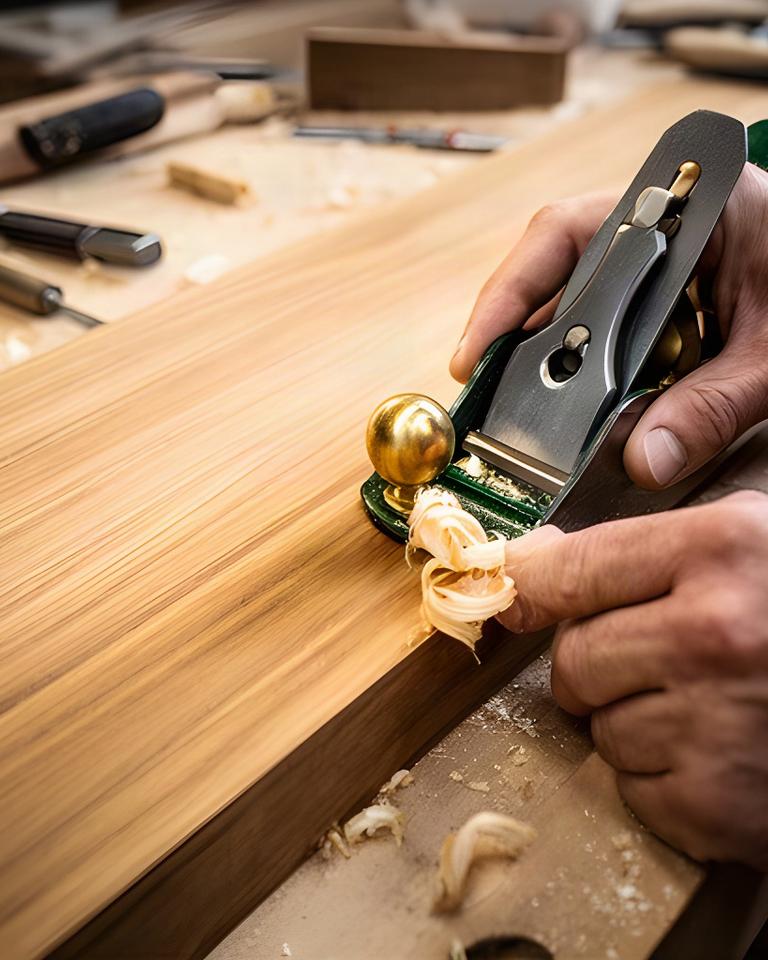 Dettaglio di una mano che rifinisce un bordo in legno con una pialla manuale