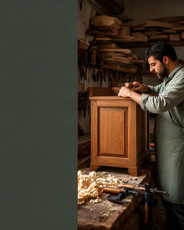 Falegname al lavoro su un mobile in rovere massello nel laboratorio artigianale di Fano