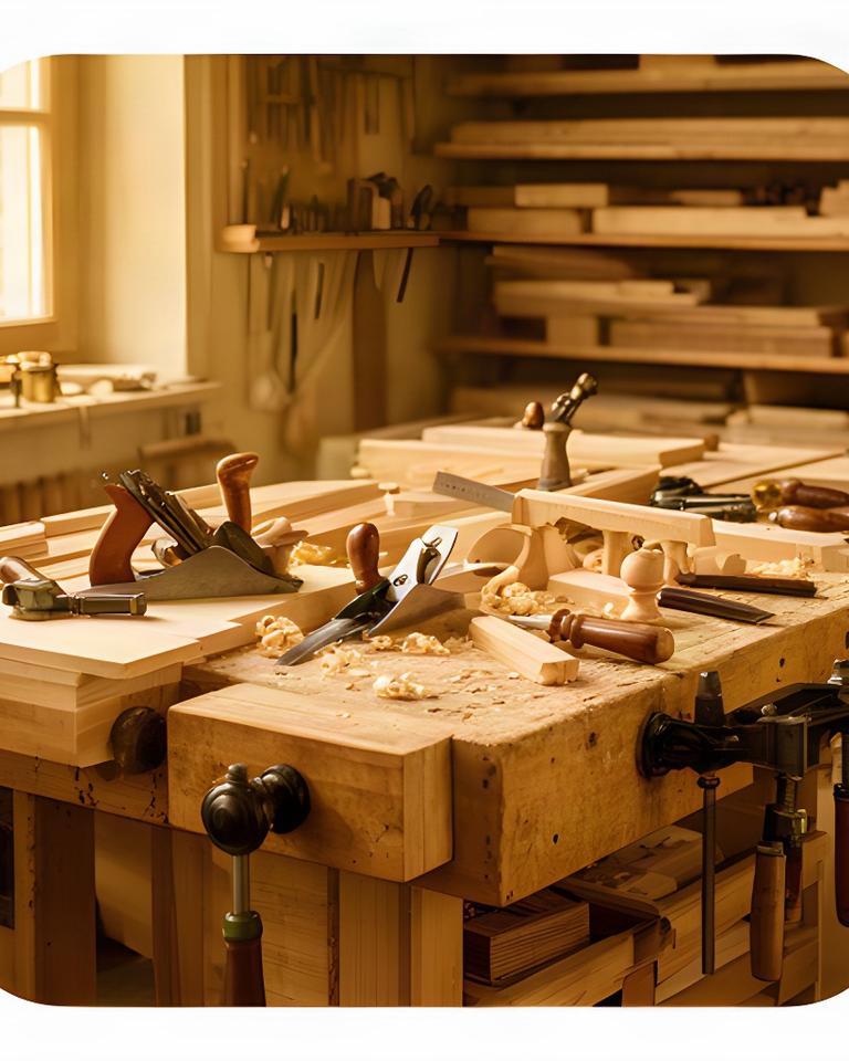 Banco di falegnameria con tavole in legno, strumenti manuali e luce calda nel laboratorio di Fano