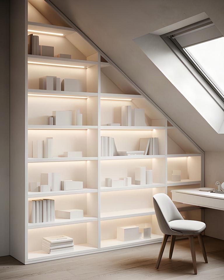 Libreria bianca su misura inserita in un sottotetto con tetto inclinato e luci LED