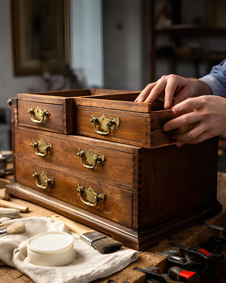 Restauro di un cassettone antico con ferramenta originale sul banco di lavoro
