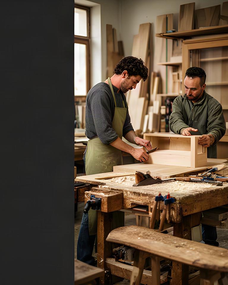 Falegnami al lavoro nel laboratorio di Fano tra banchi in legno, utensili manuali e luce naturale
