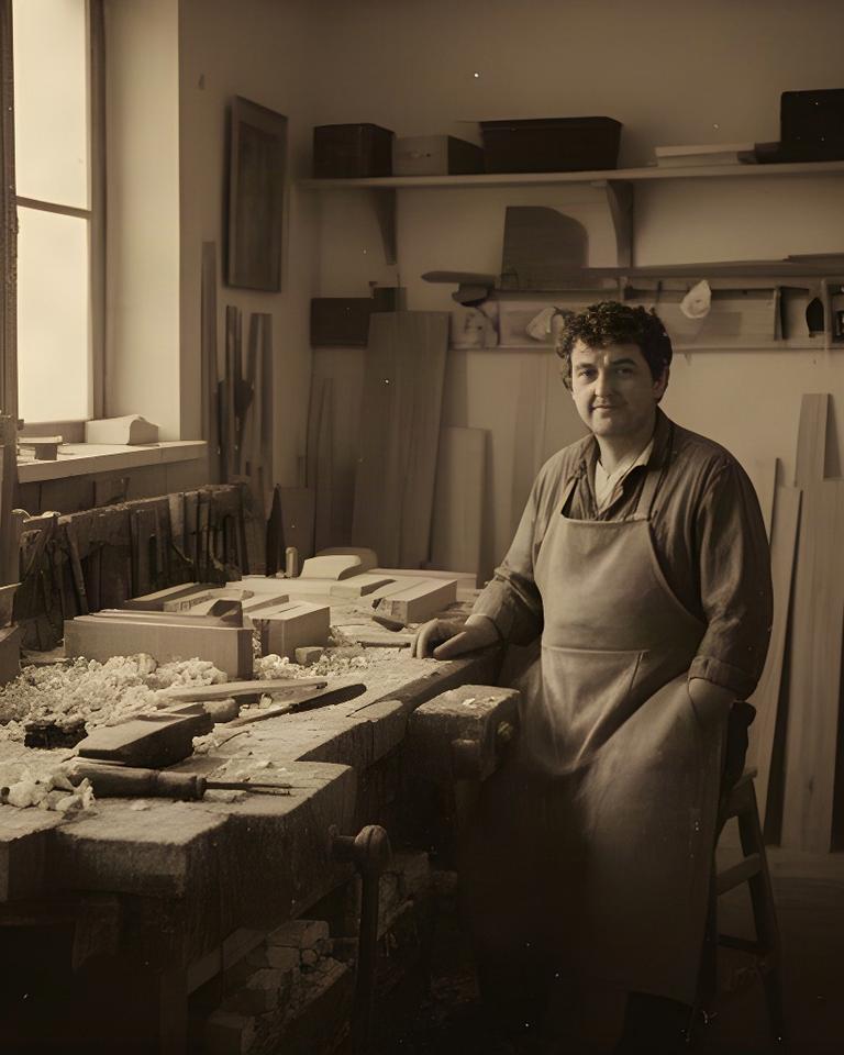 Fotografia d'epoca del primo laboratorio di falegnameria con Mario al banco da lavoro