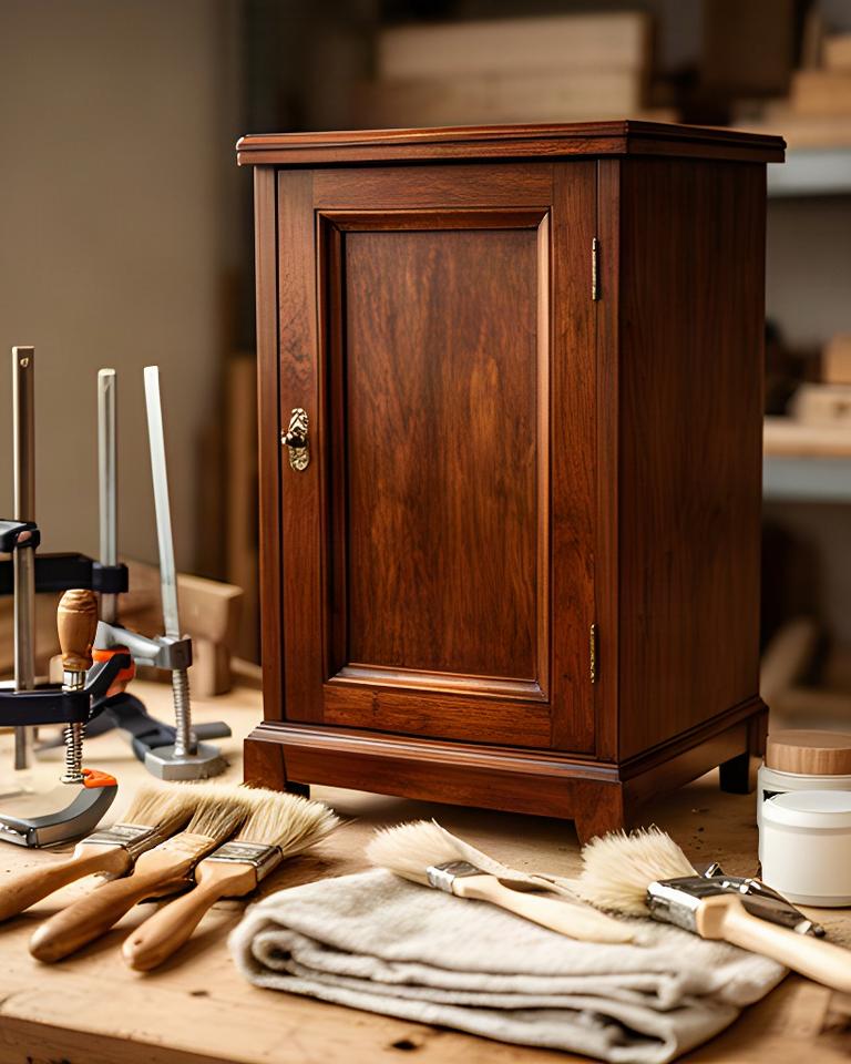 Mobile in legno restaurato con morsetti e pennelli in un laboratorio artigianale ordinato