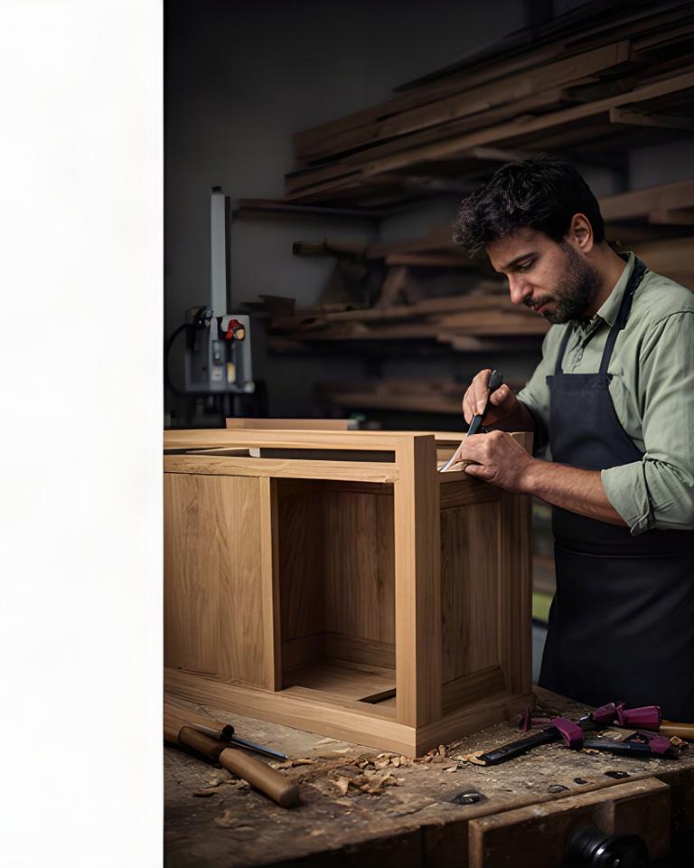 Falegname al lavoro su un mobile in rovere nel laboratorio artigianale di Fano