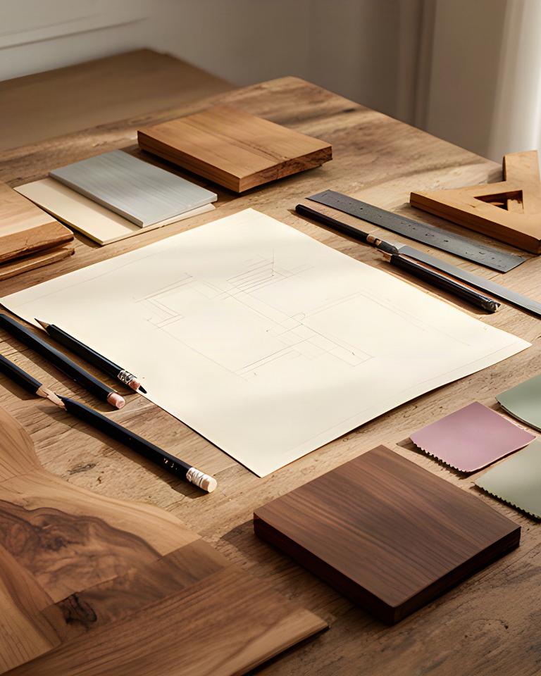 Disegno tecnico accanto a campioni di legno e matite su un tavolo da progettazione artigianale