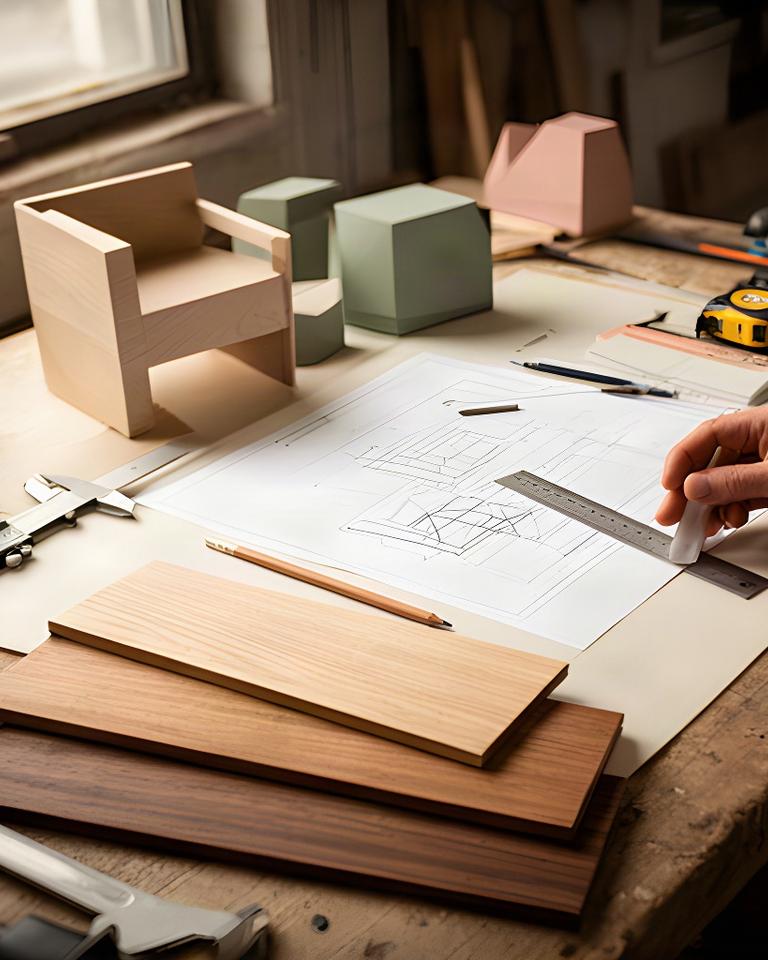 Disegno tecnico e campioni di legno disposti su un banco da lavoro durante la progettazione