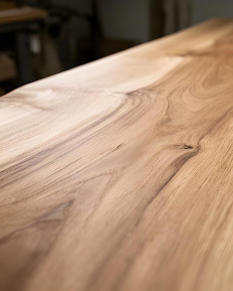 Dettaglio ravvicinato di una superficie in rovere lavorata a mano con venatura naturale visibile