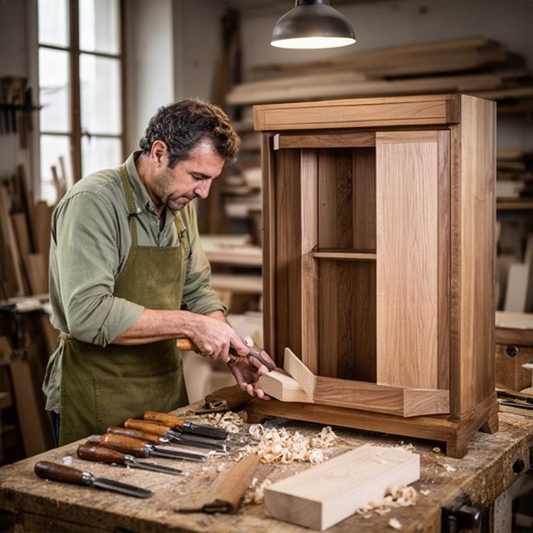 Falegname al lavoro su un mobile in legno nel laboratorio artigianale di Fano